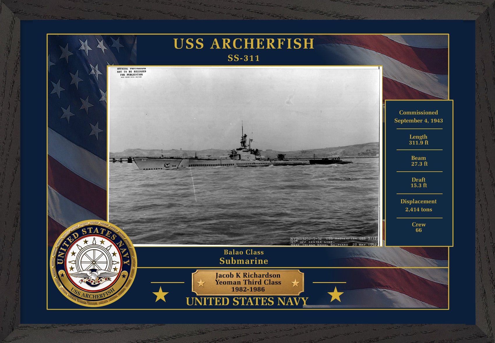 USS Archerfish SS-311 Framed Patriotic Photo
