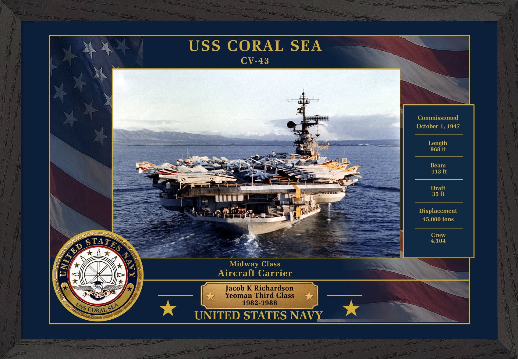 USS Coral Sea CV-43 Framed Patriotic Photo