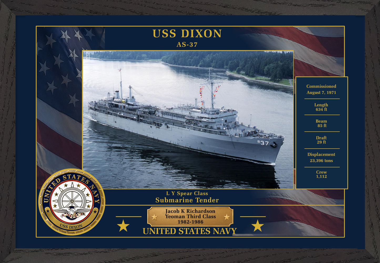 USS Dixon AS-37 Framed Patriotic Photo