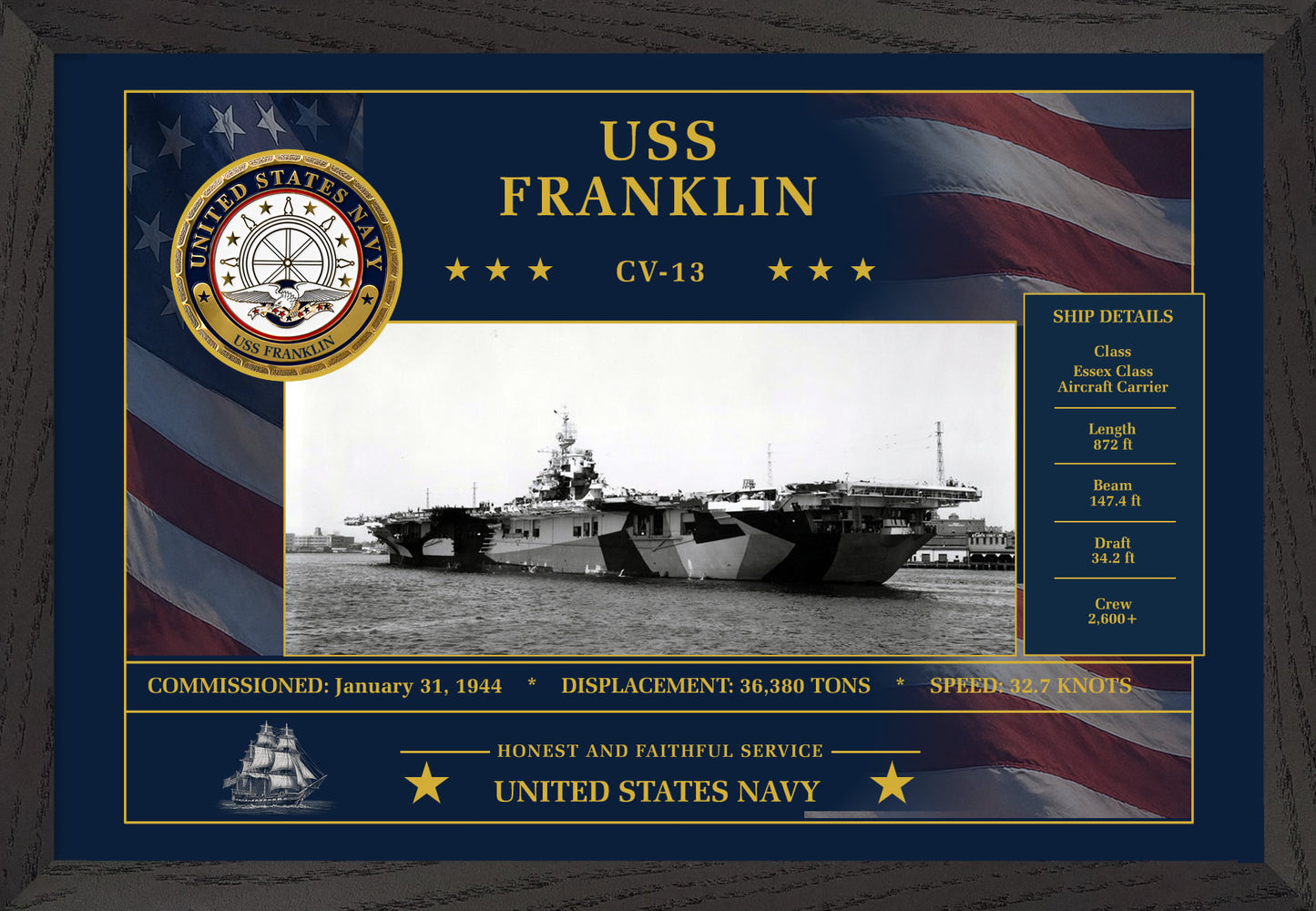 USS Franklin CV-13 Framed Patriotic Art
