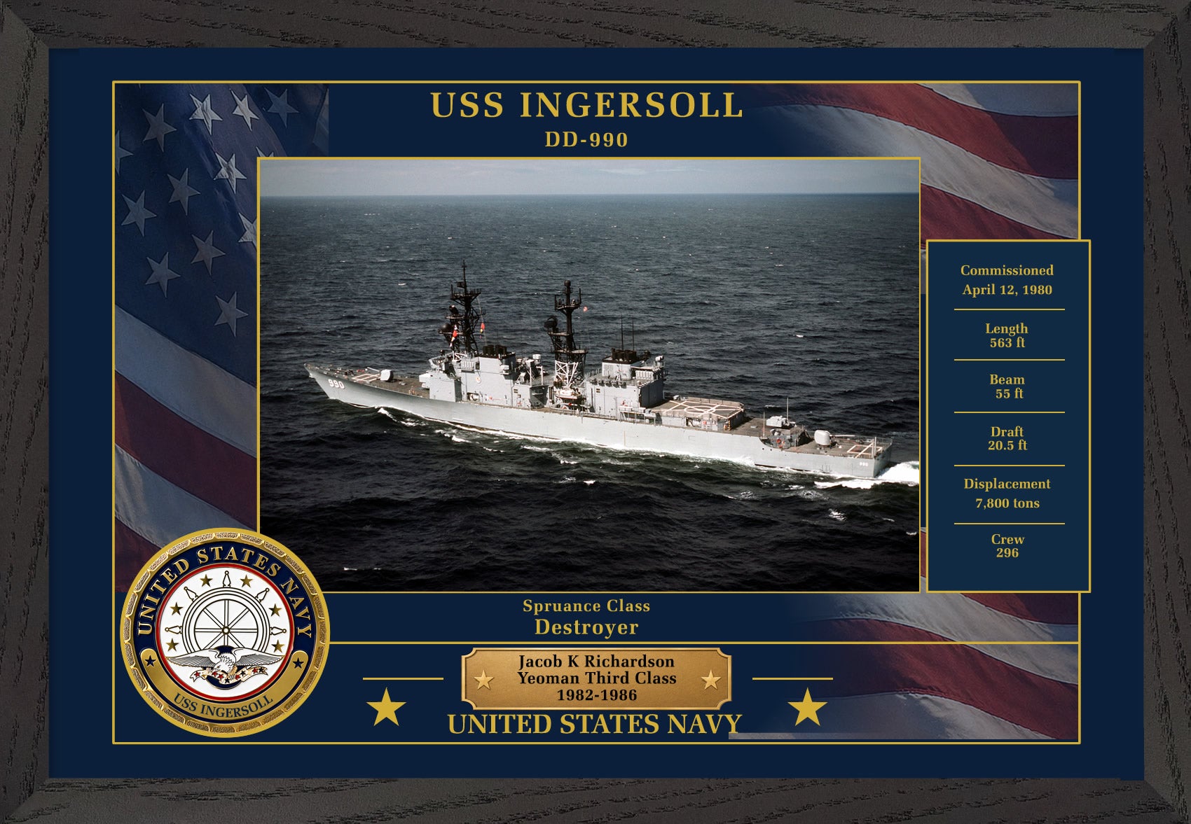 USS Ingersoll DD-990 Framed Patriotic Photo