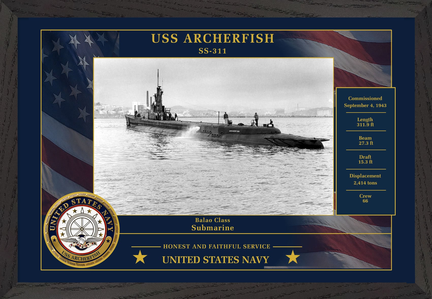 USS Archerfish SS-311 Framed Patriotic Photo