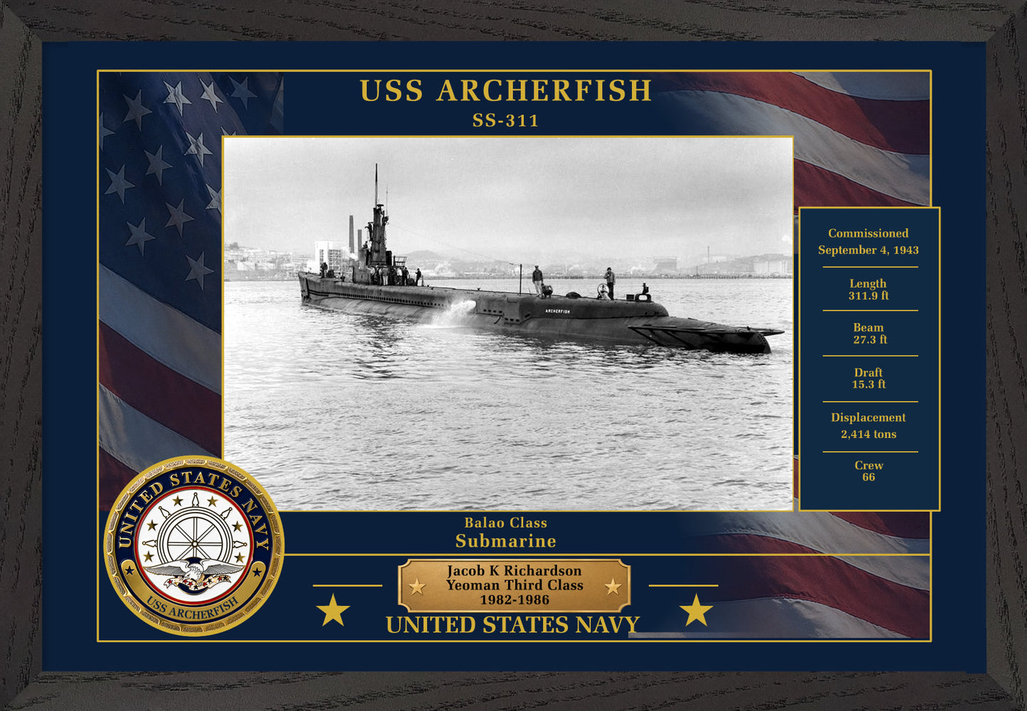 USS Archerfish SS-311 Framed Patriotic Photo