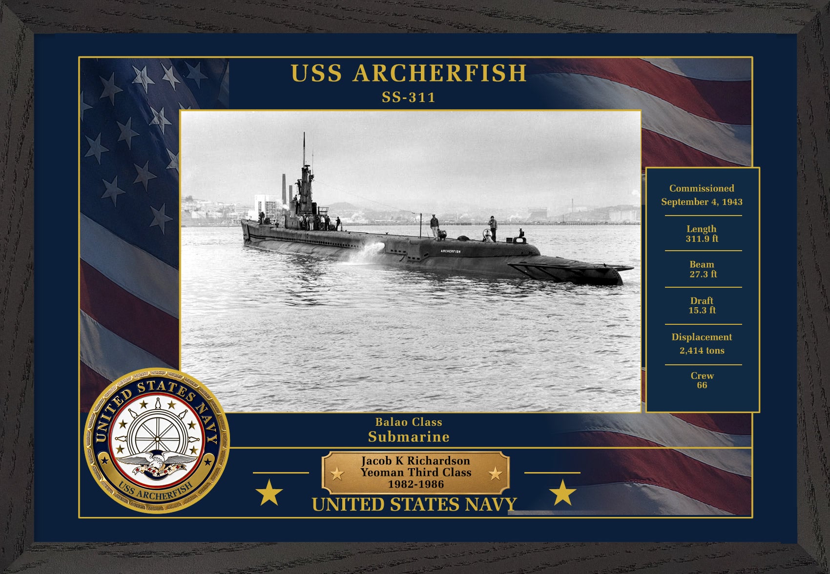 USS Archerfish SS-311 Framed Patriotic Photo