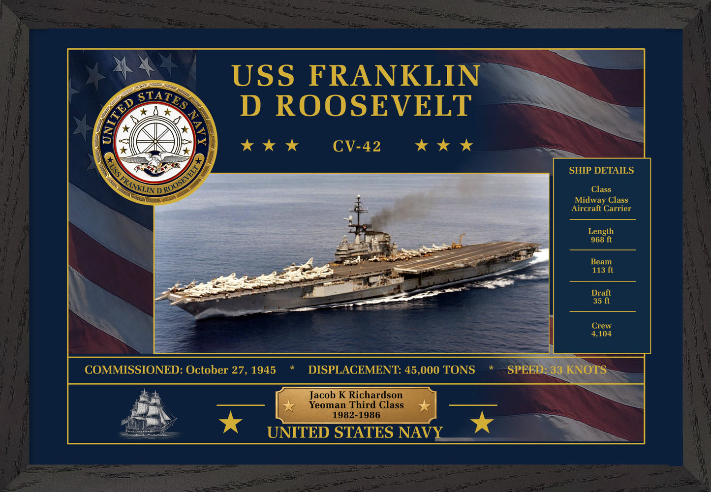 USS Franklin D Roosevelt CV-42 Framed Patriotic Art