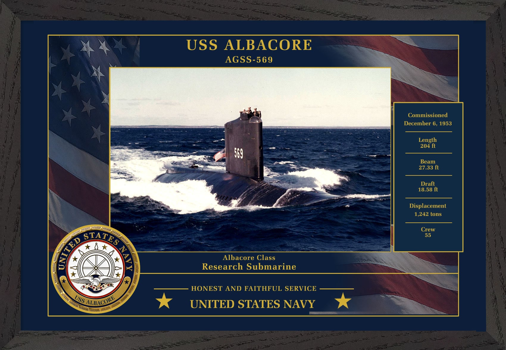 USS Albacore AGSS-569 Framed Patriotic Photo