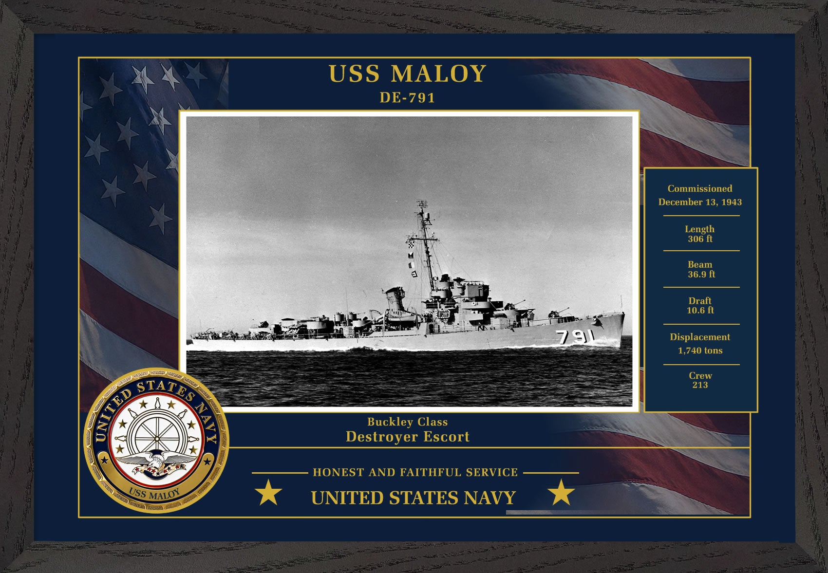 USS Maloy DE-791 Framed Patriotic Photo