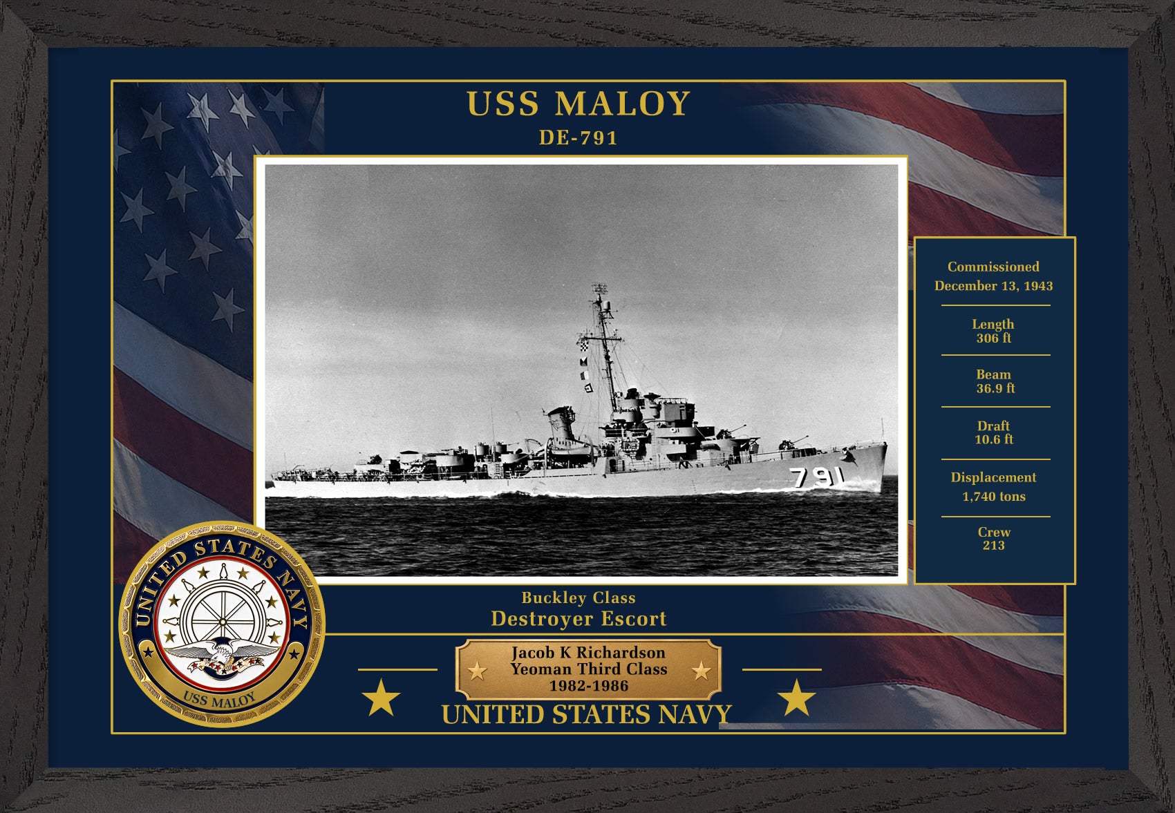 USS Maloy DE-791 Framed Patriotic Photo