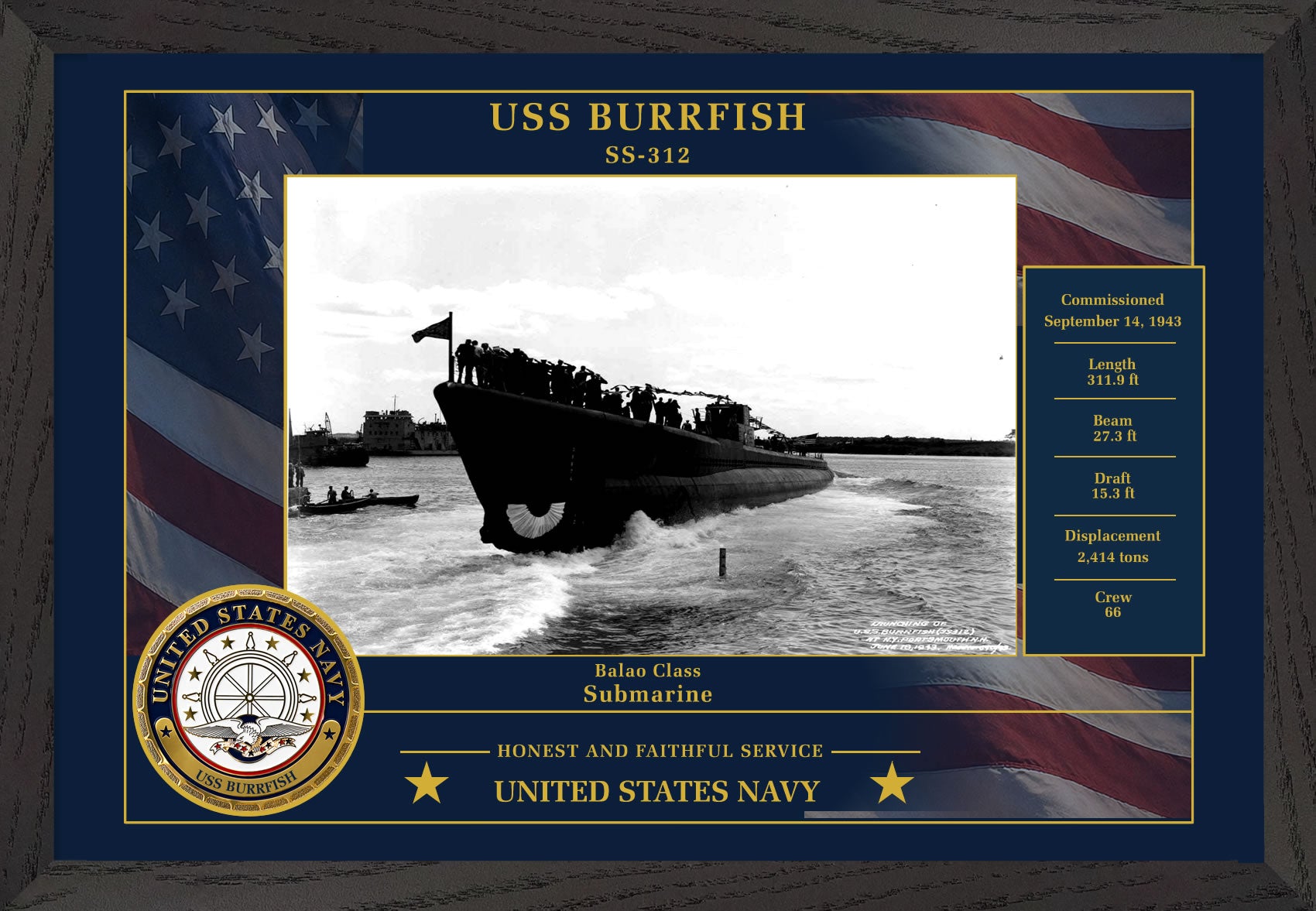 USS Burrfish SS-312 Framed Patriotic Photo