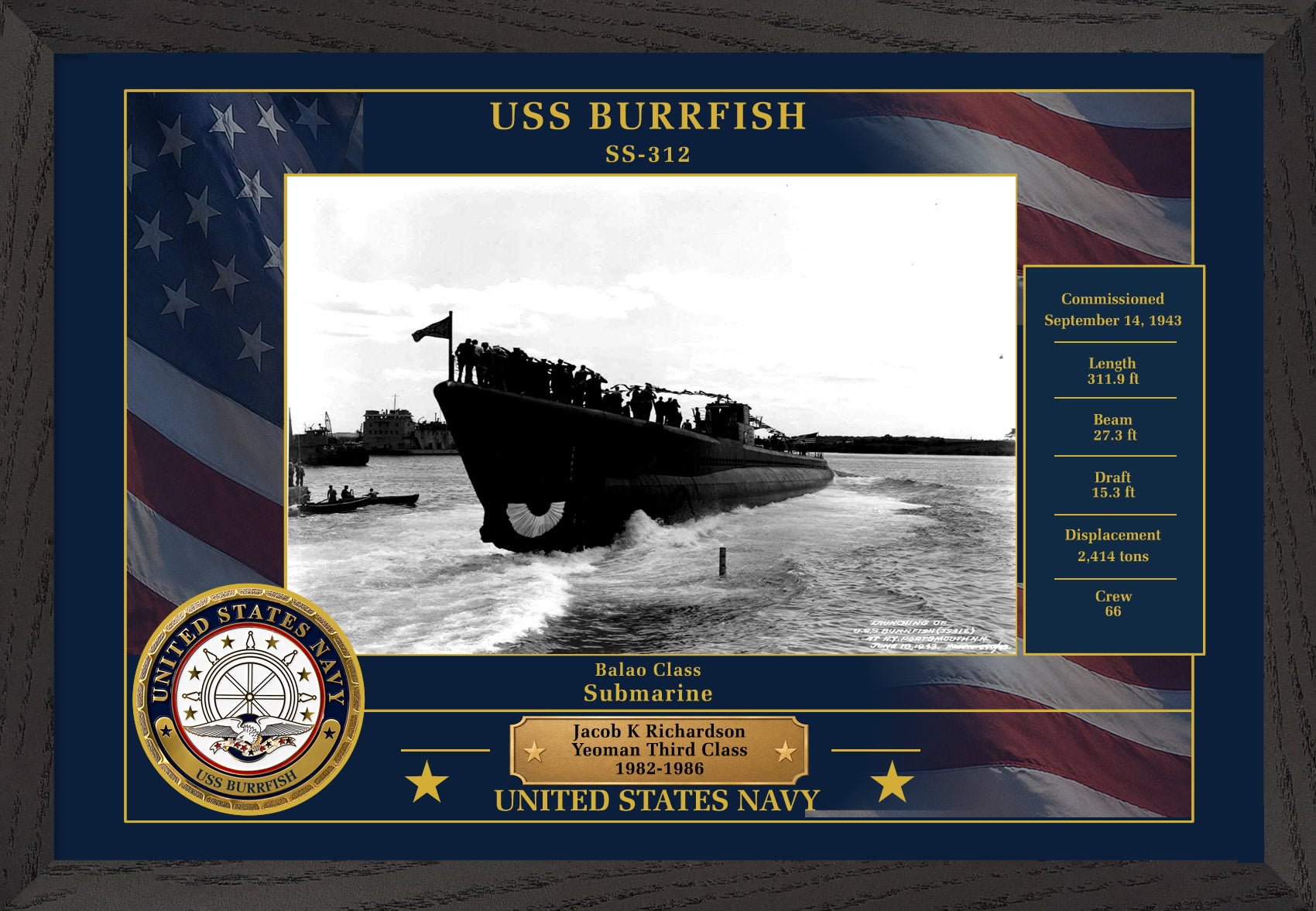 USS Burrfish SS-312 Framed Patriotic Photo