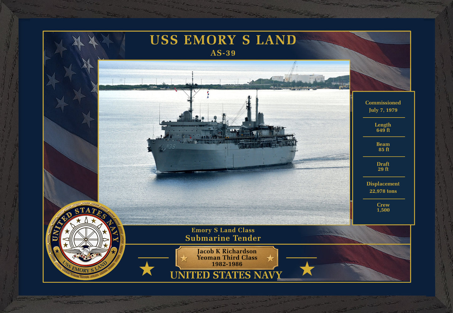 USS Emory S Land AS-39 Framed Patriotic Photo