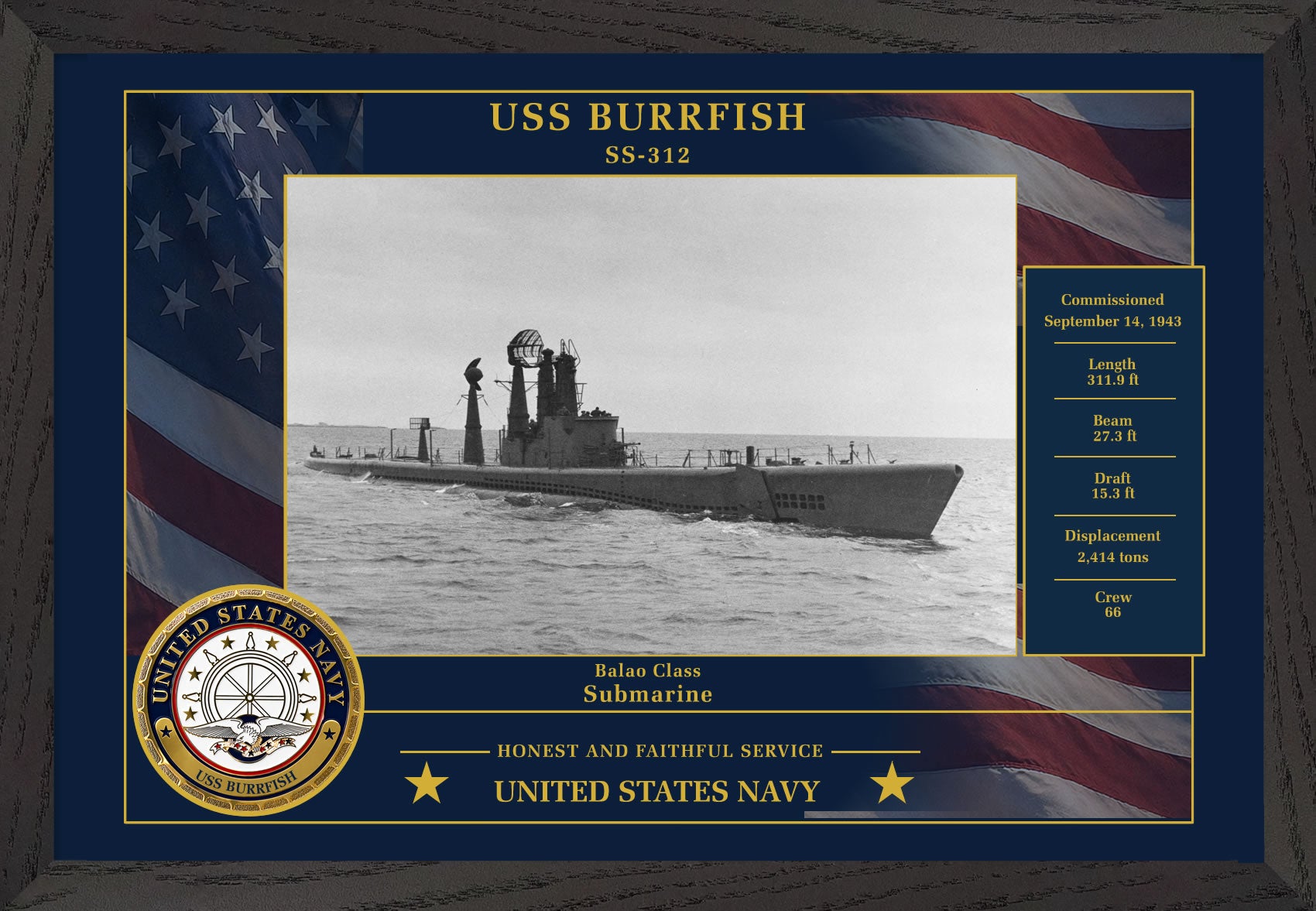 USS Burrfish SS-312 Framed Patriotic Photo