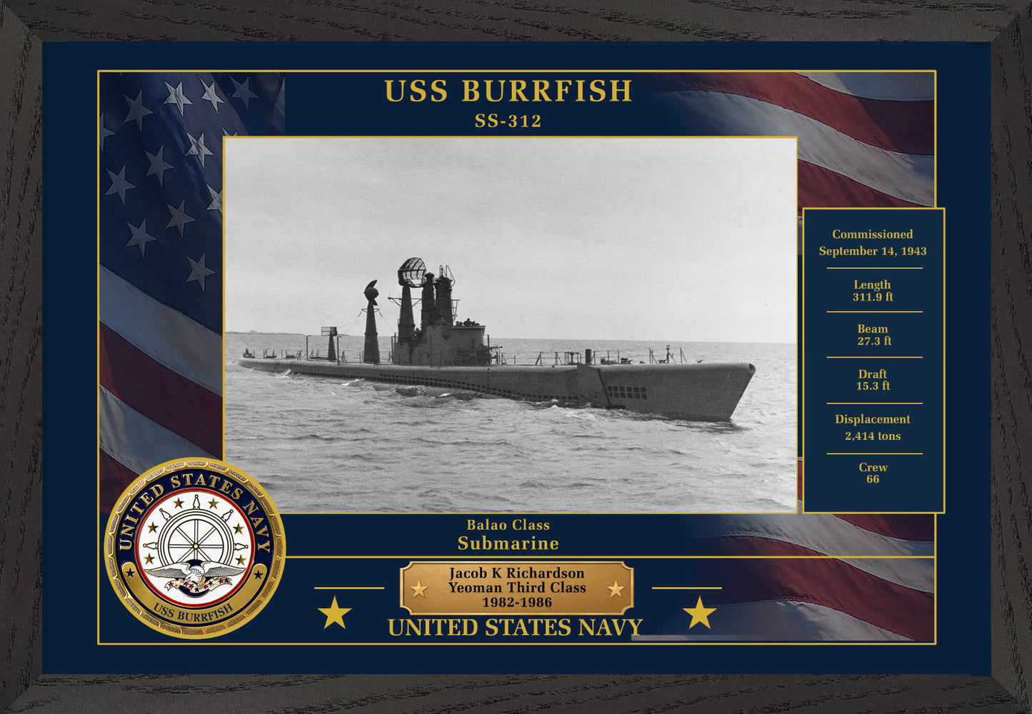 USS Burrfish SS-312 Framed Patriotic Photo