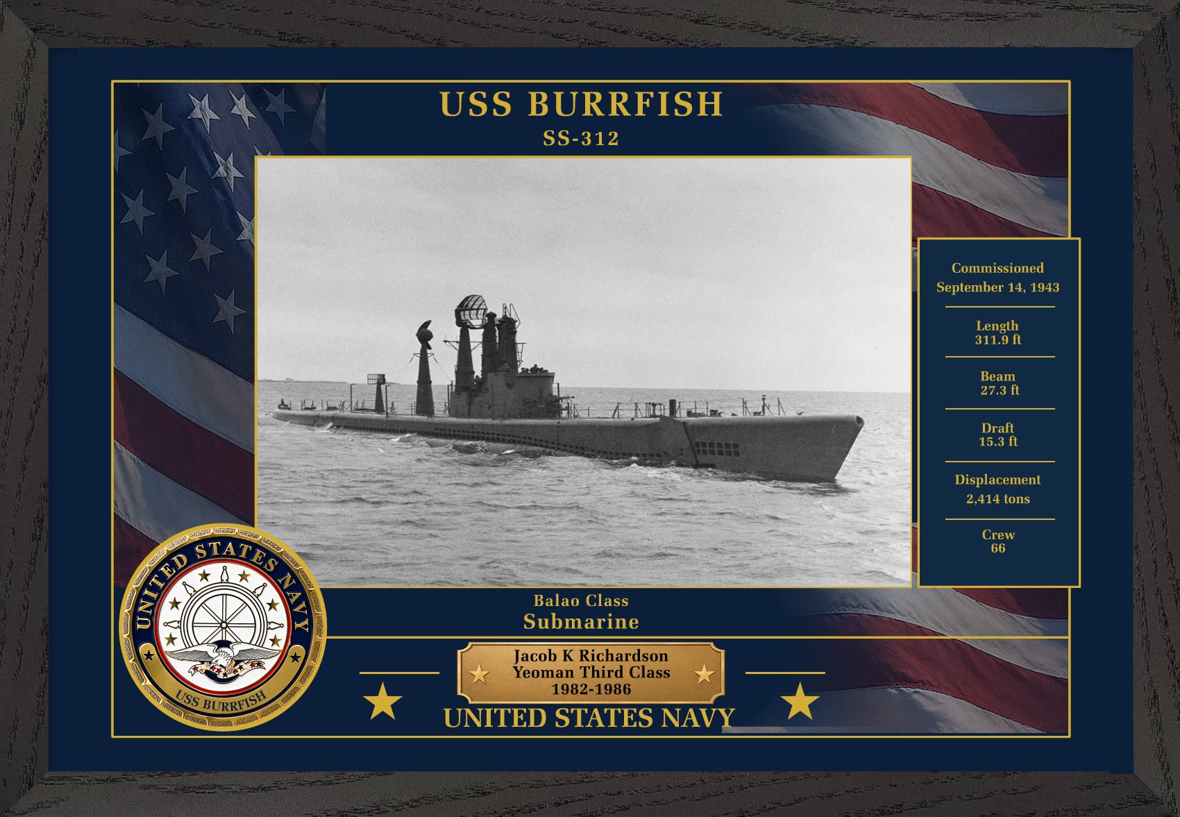USS Burrfish SS-312 Framed Patriotic Photo
