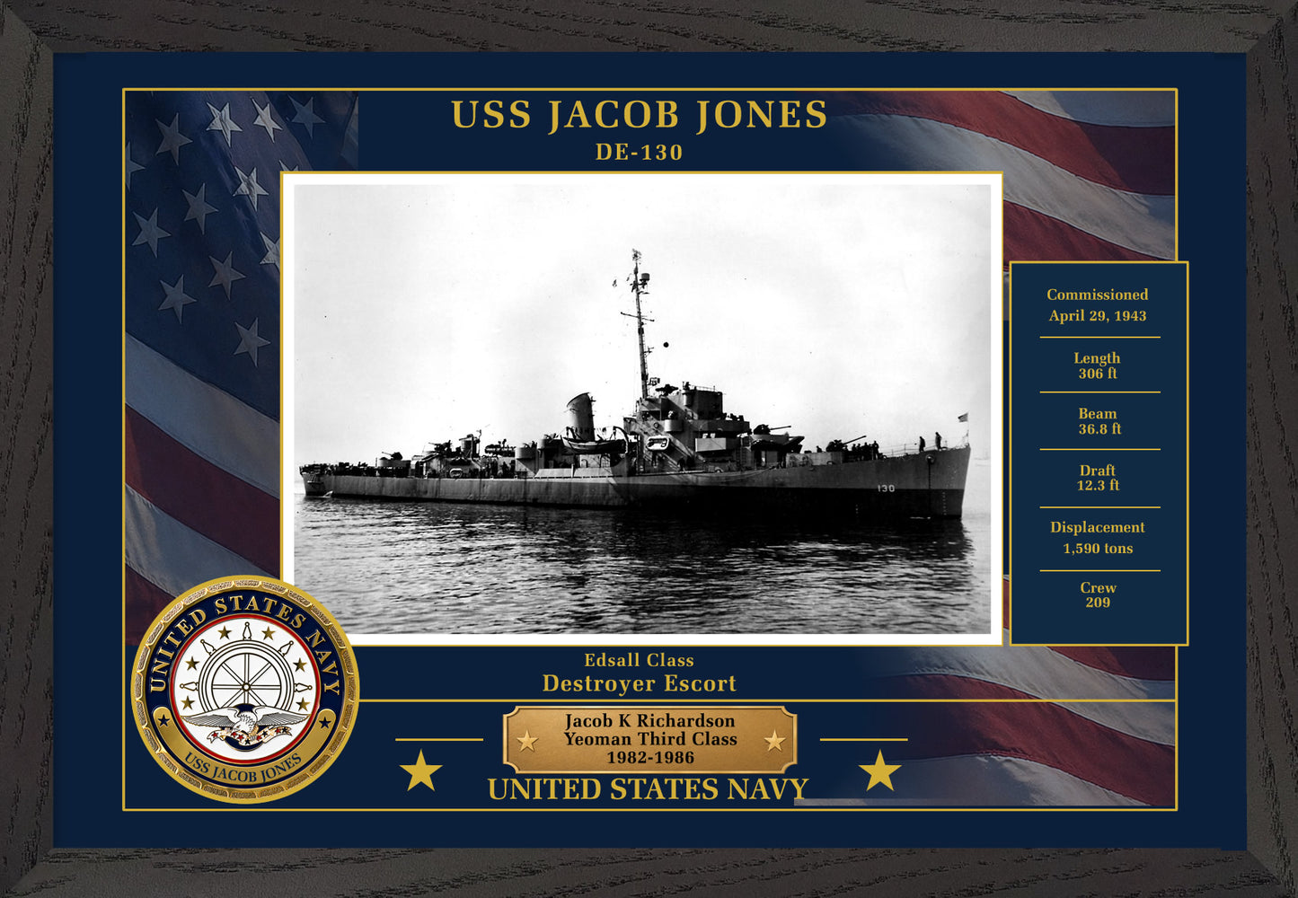 USS Jacob Jones DE-130 Framed Patriotic Photo