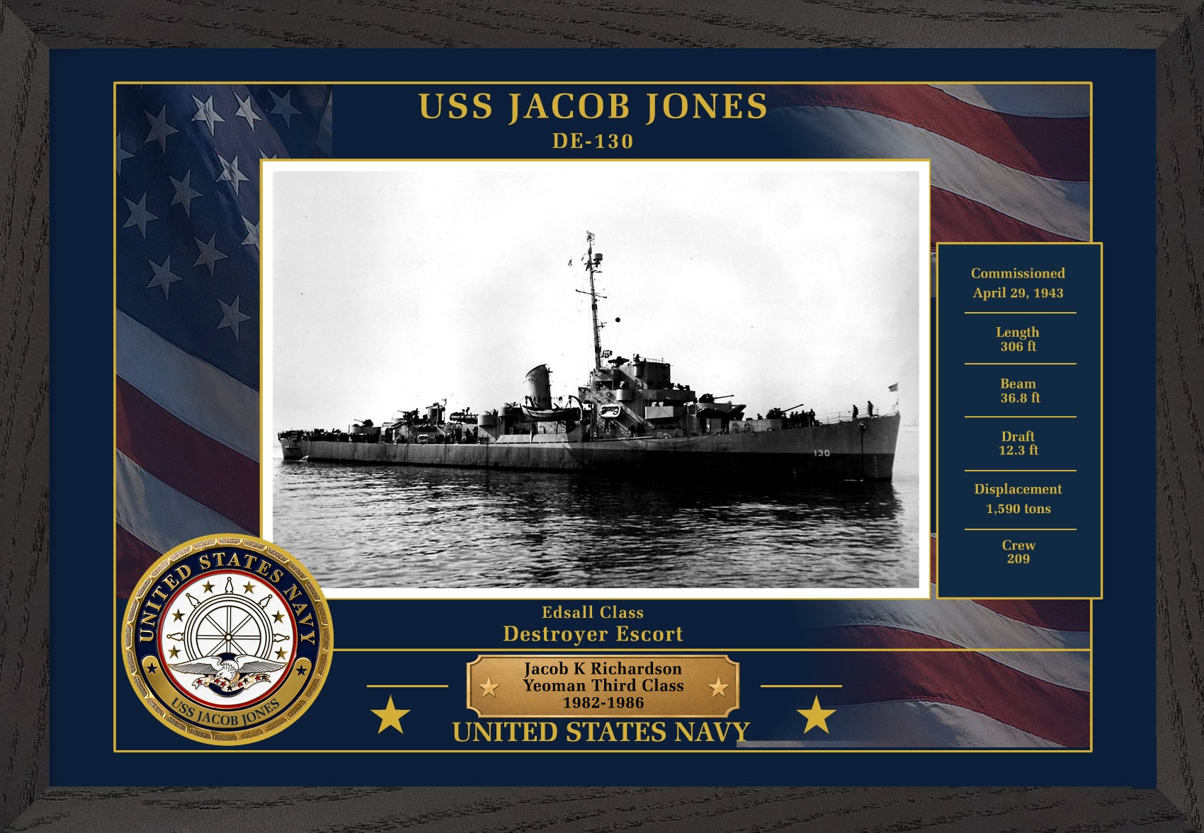 USS Jacob Jones DE-130 Framed Patriotic Photo