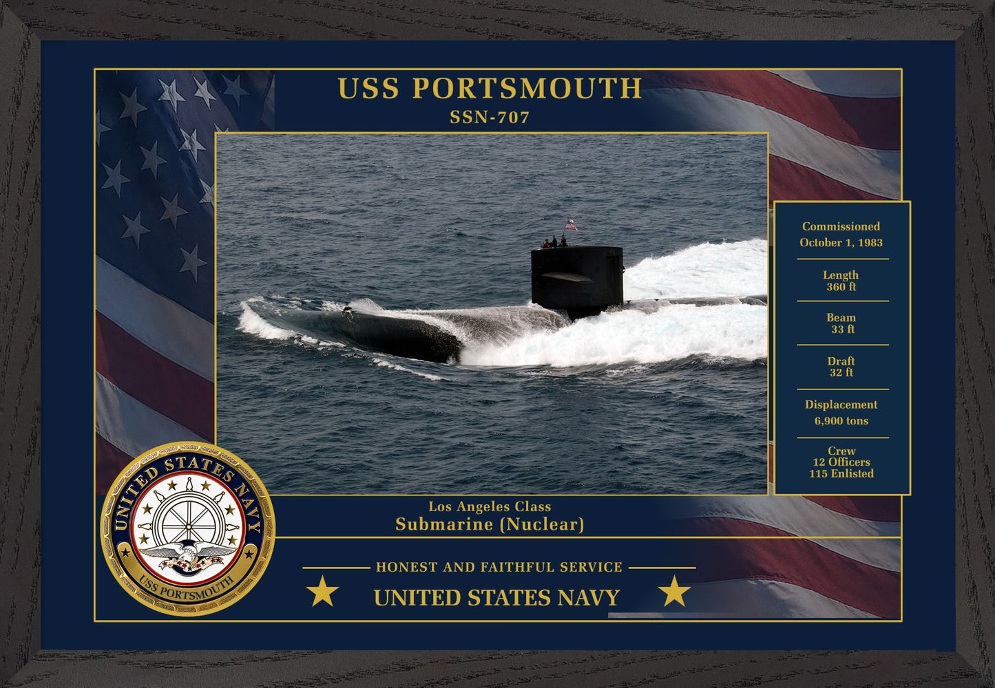 USS Portsmouth SSN-707 Framed Patriotic Photo