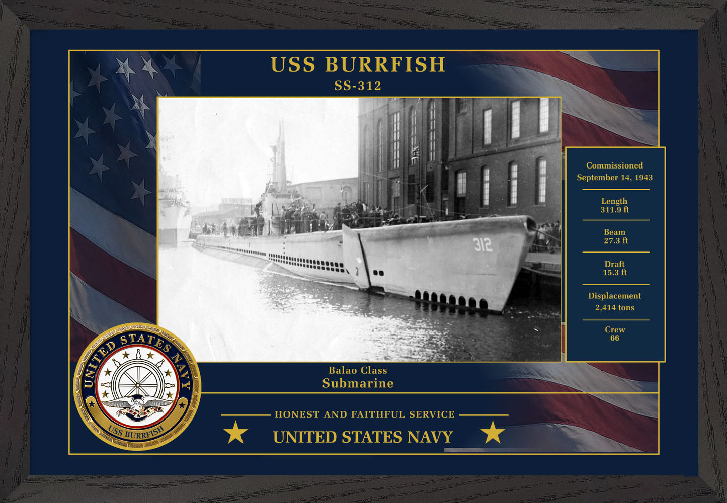 USS Burrfish SS-312 Framed Patriotic Photo