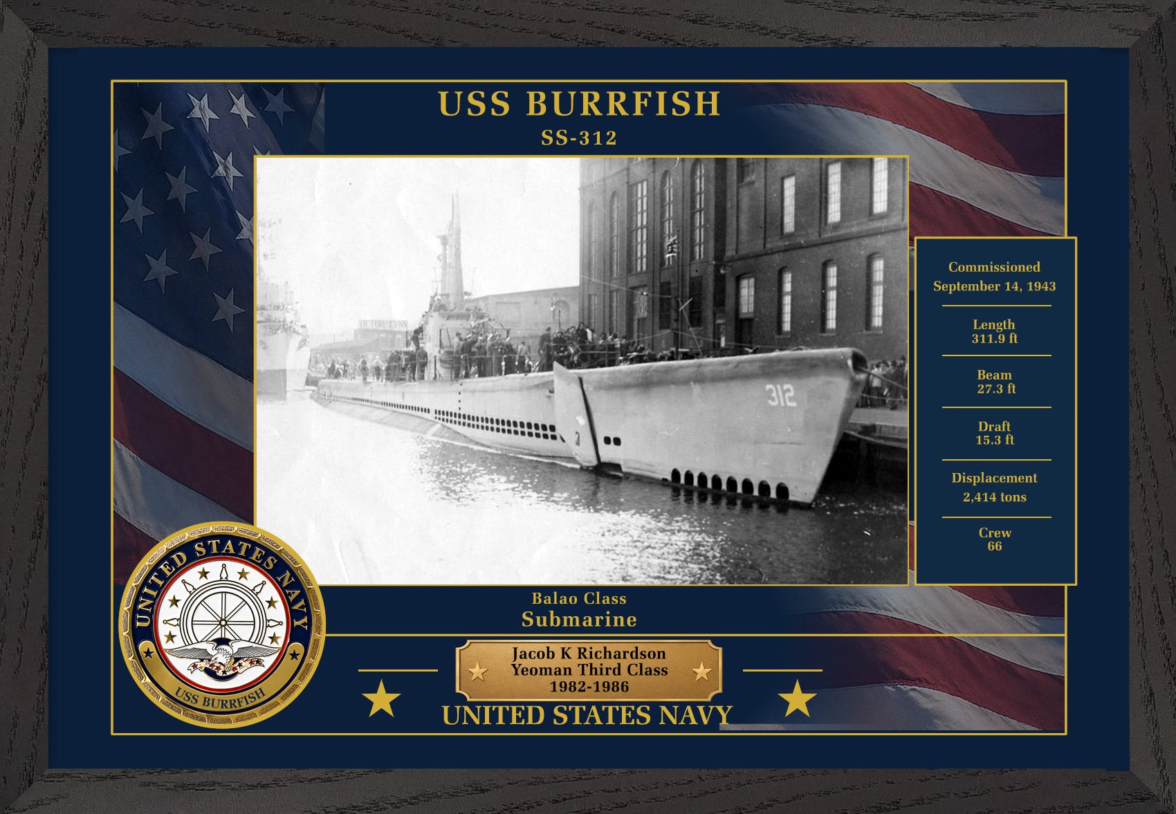 USS Burrfish SS-312 Framed Patriotic Photo