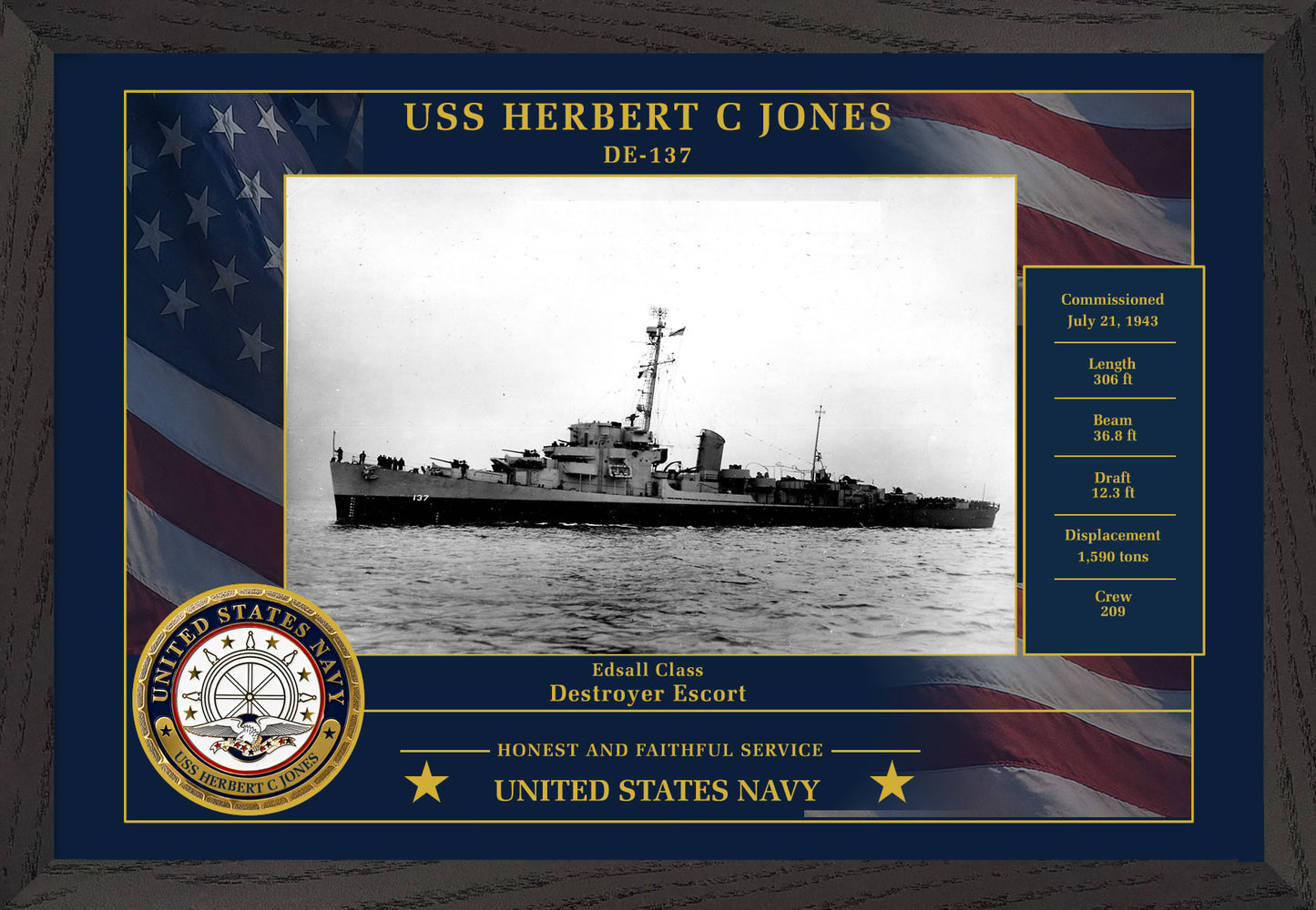 USS Herbert C Jones DE-137 Framed Patriotic Photo