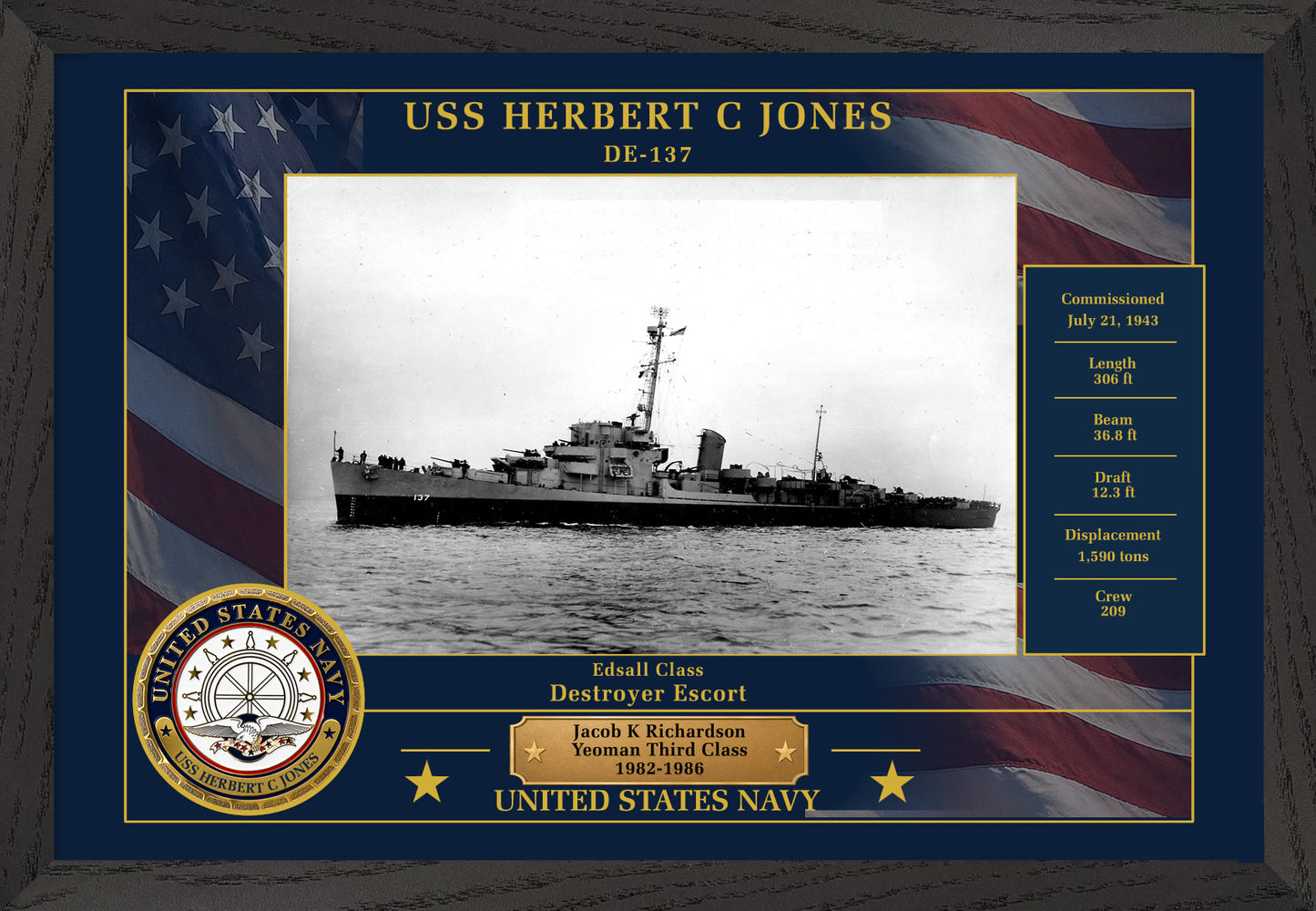 USS Herbert C Jones DE-137 Framed Patriotic Photo