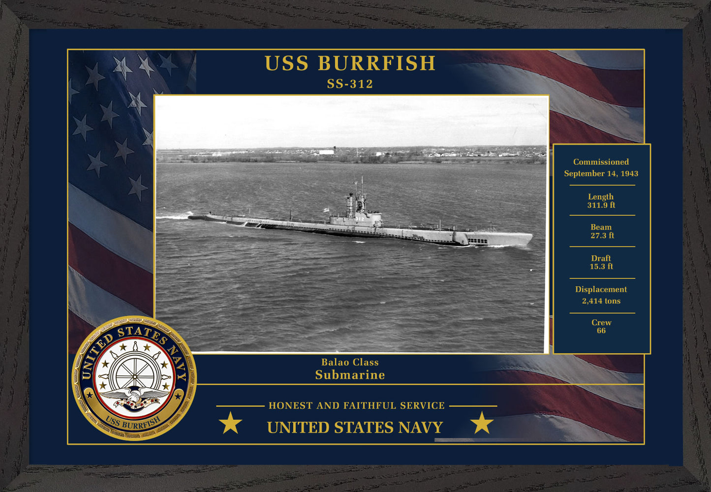 USS Burrfish SS-312 Framed Patriotic Photo