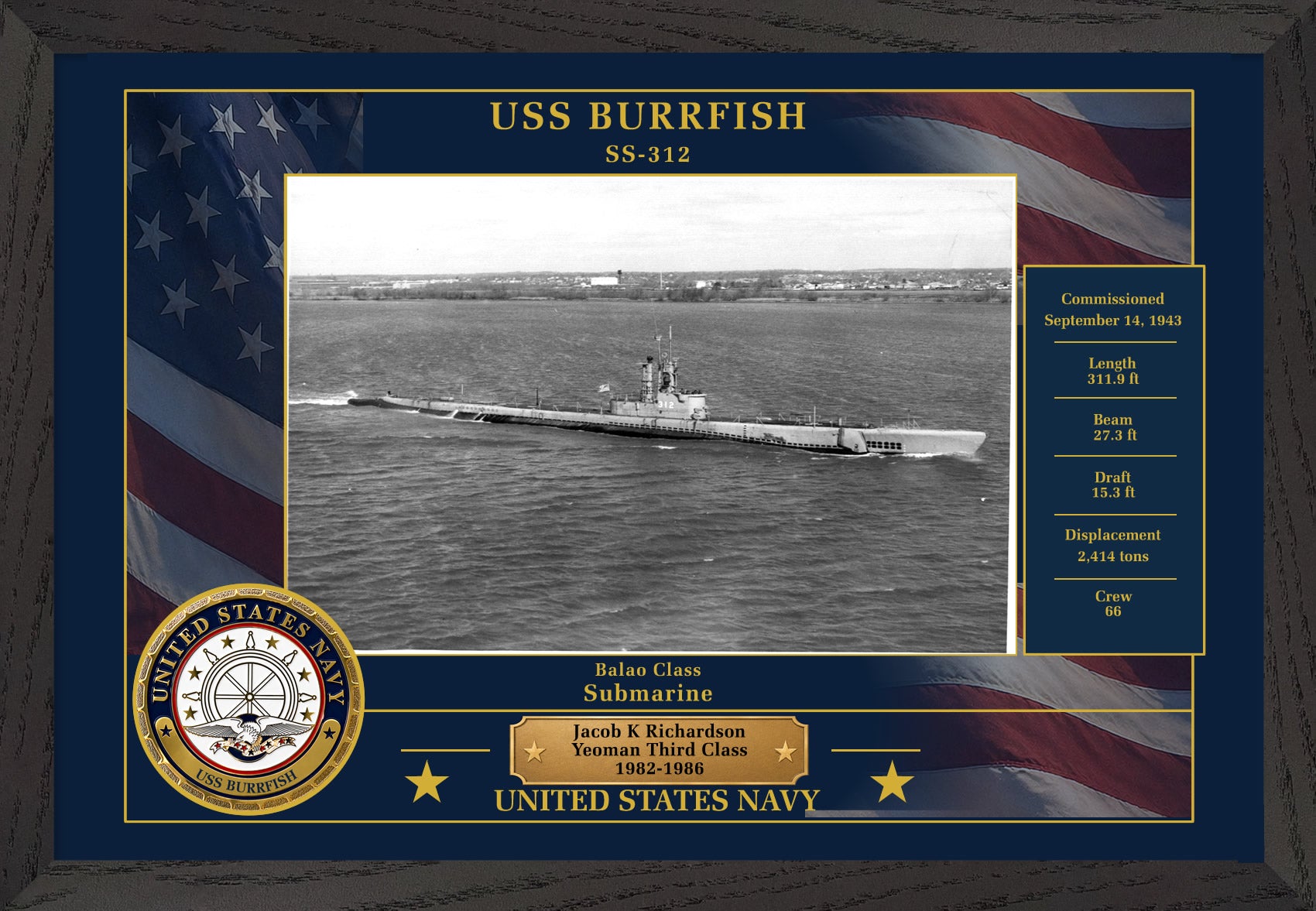 USS Burrfish SS-312 Framed Patriotic Photo
