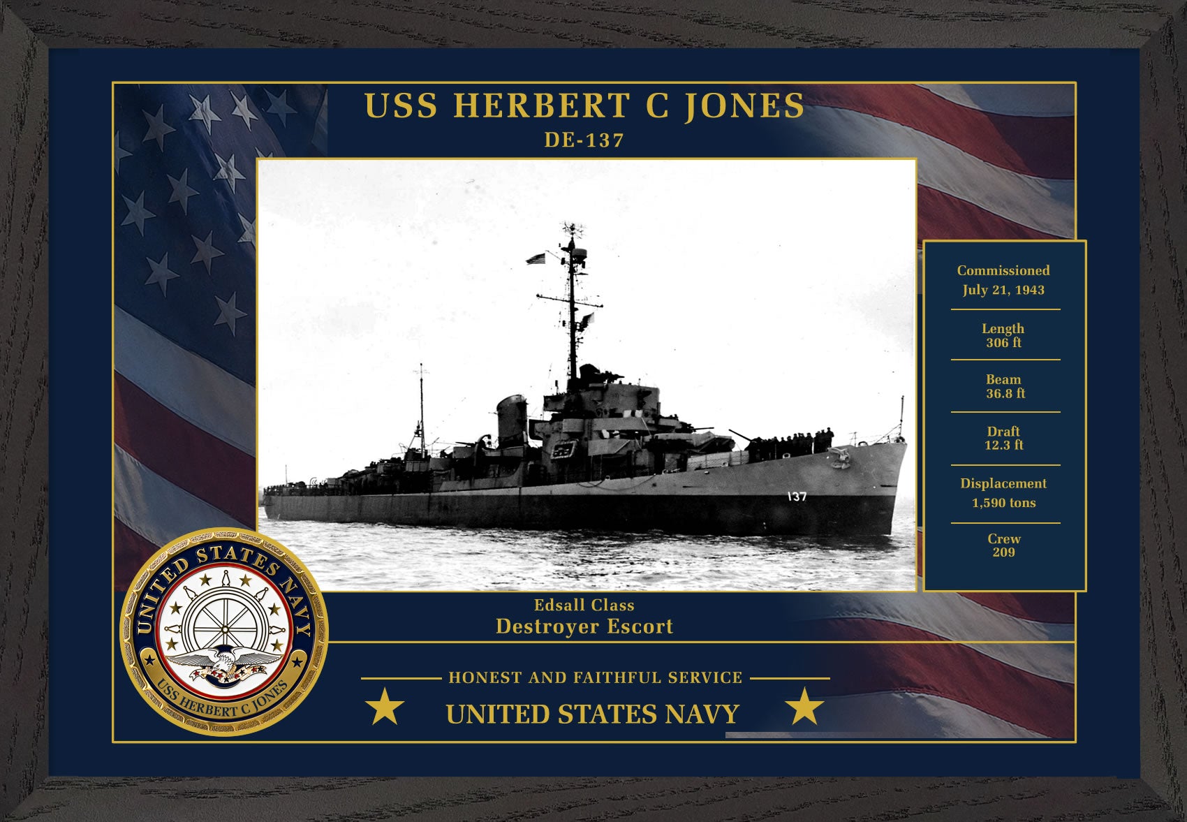 USS Herbert C Jones DE-137 Framed Patriotic Photo