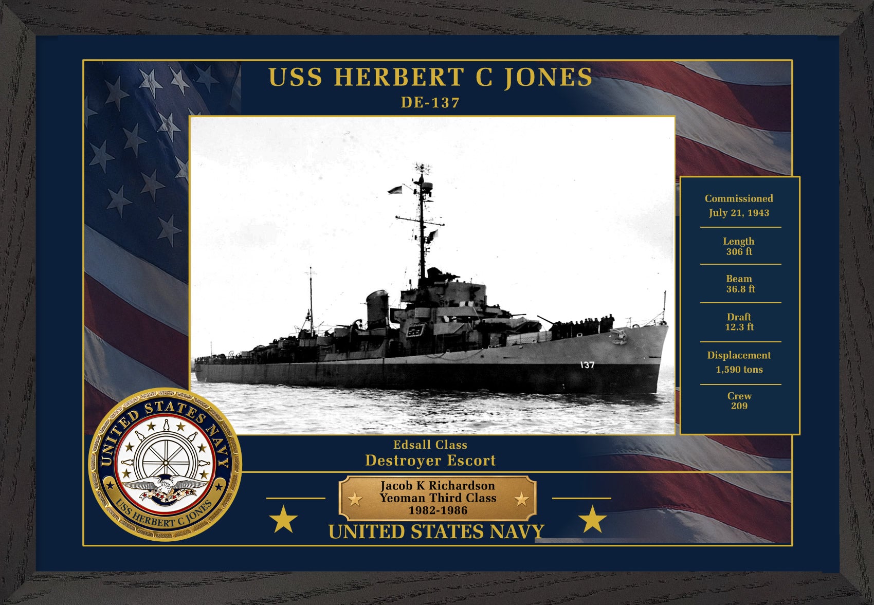USS Herbert C Jones DE-137 Framed Patriotic Photo