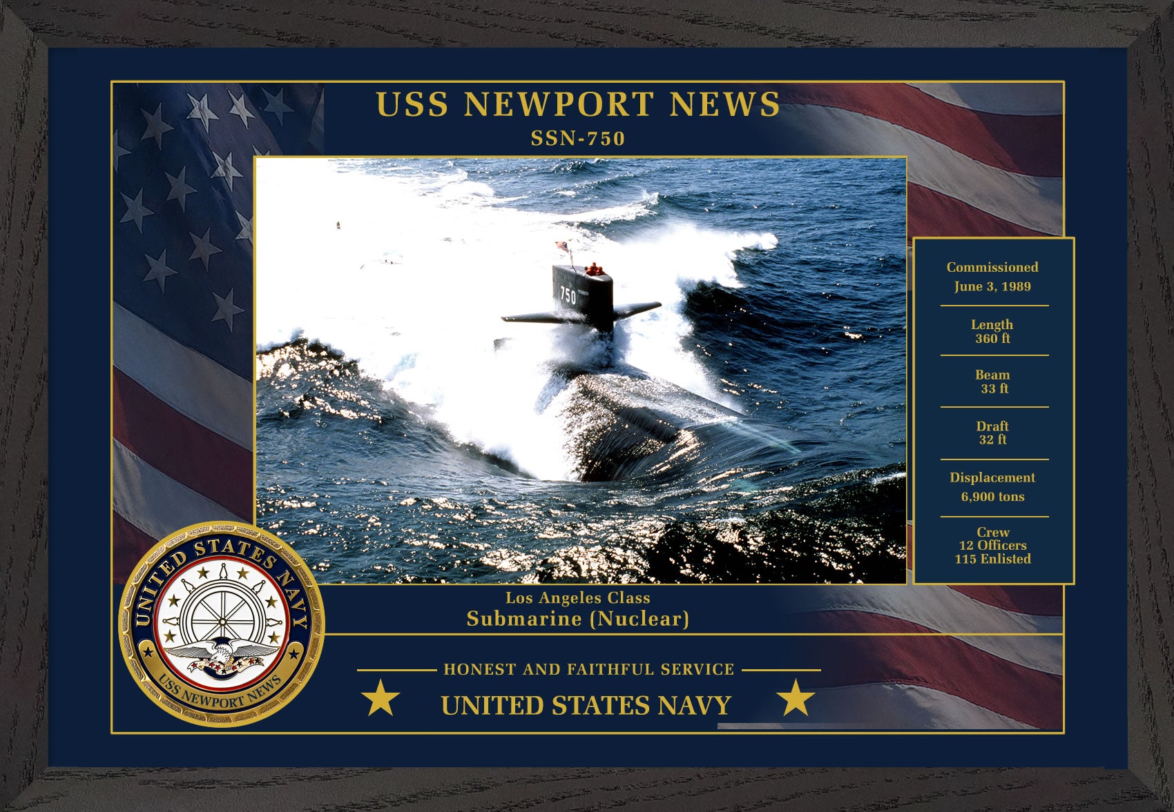 USS Newport News SSN-750 Framed Patriotic Photo