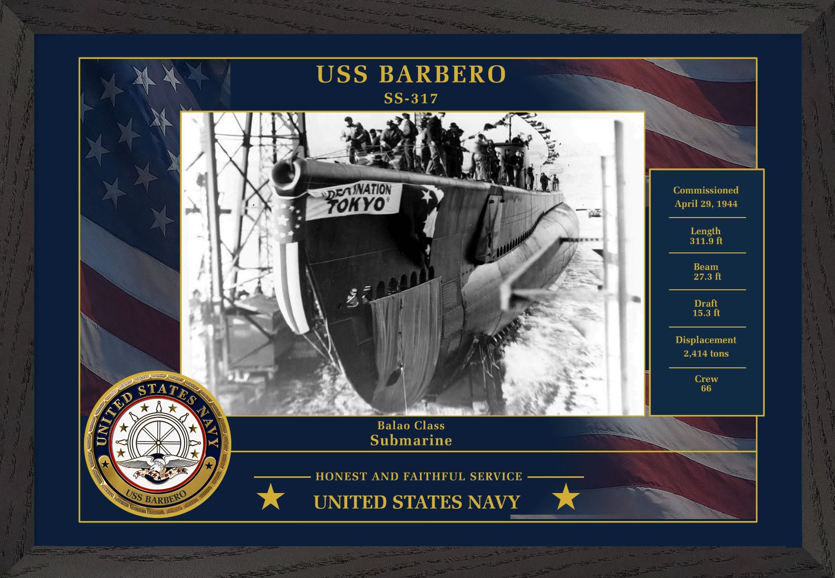 USS Barbero SS-317 Framed Patriotic Photo