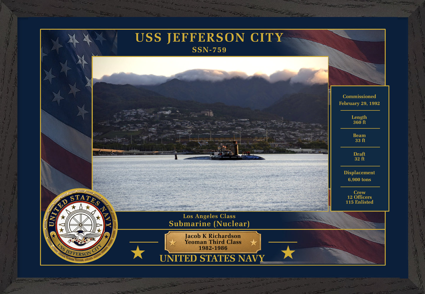 USS Jefferson City SSN-759 Framed Patriotic Photo