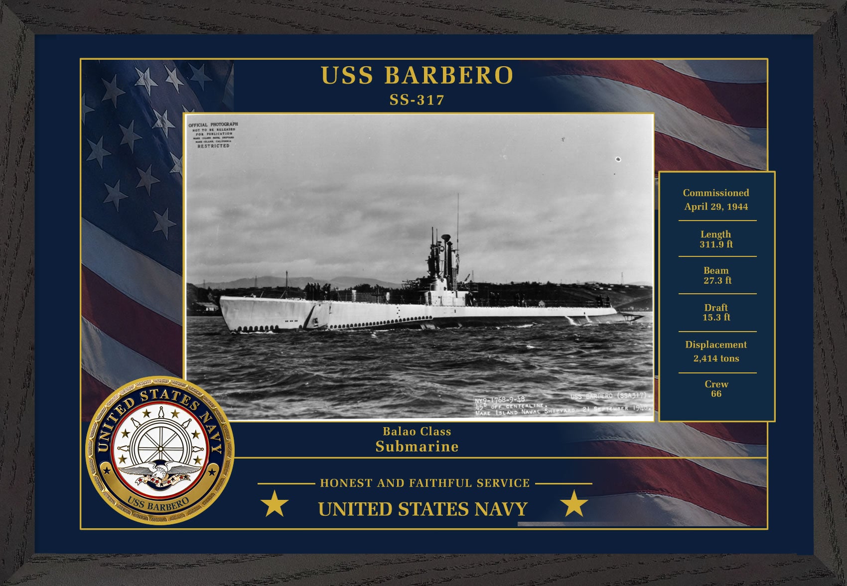 USS Barbero SS-317 Framed Patriotic Photo
