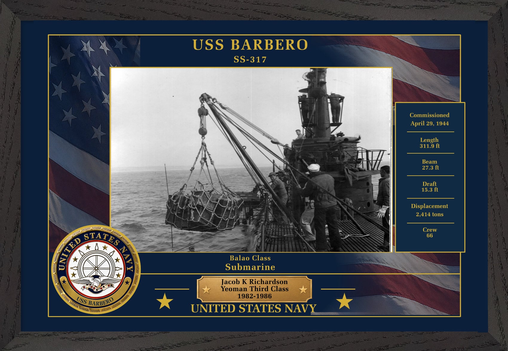 USS Barbero SS-317 Framed Patriotic Photo