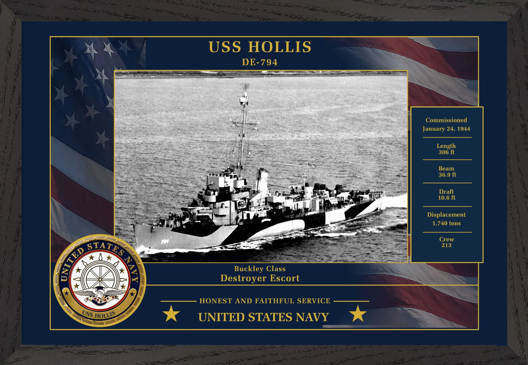 USS Hollis DE-794 Framed Patriotic Photo