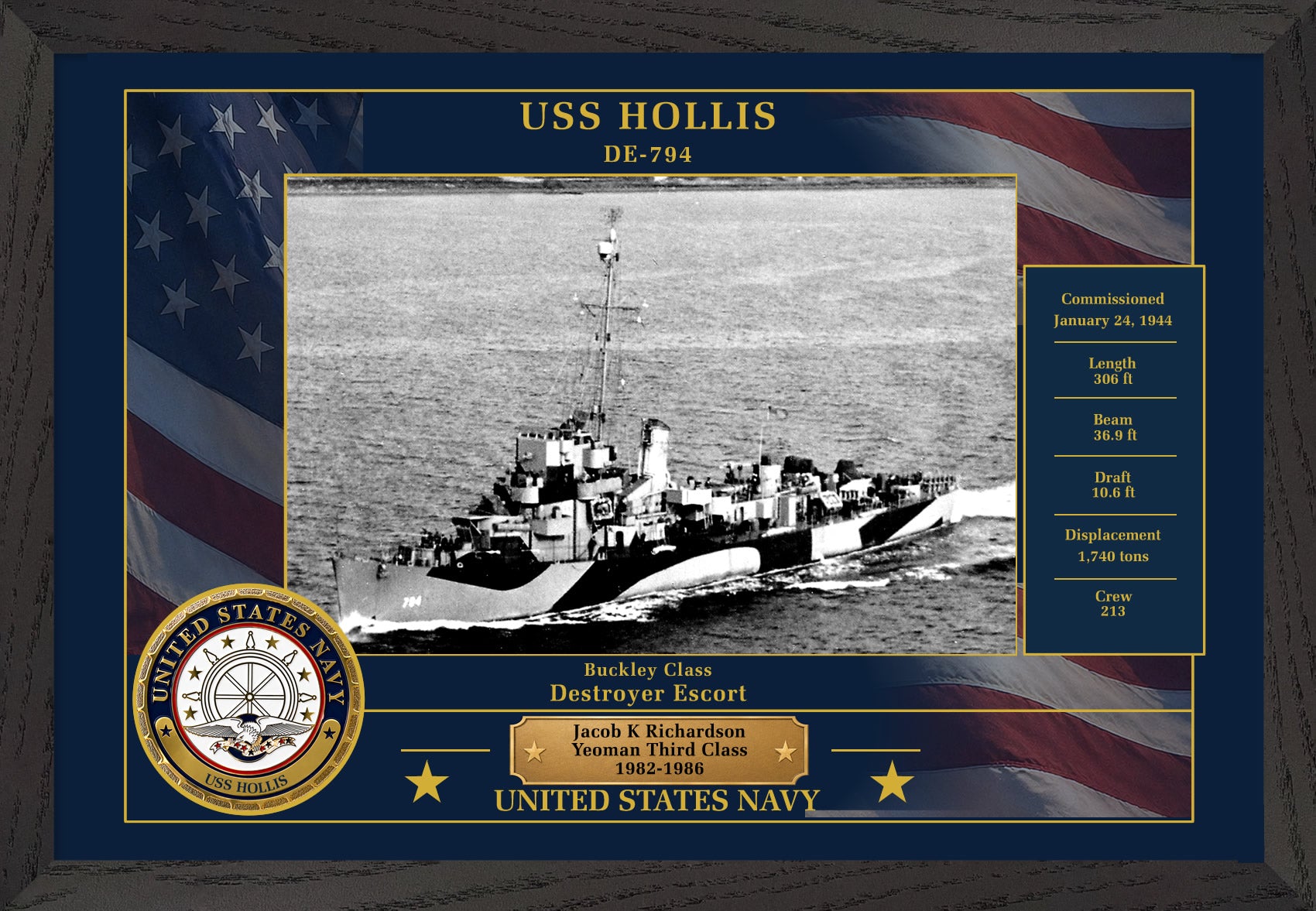 USS Hollis DE-794 Framed Patriotic Photo