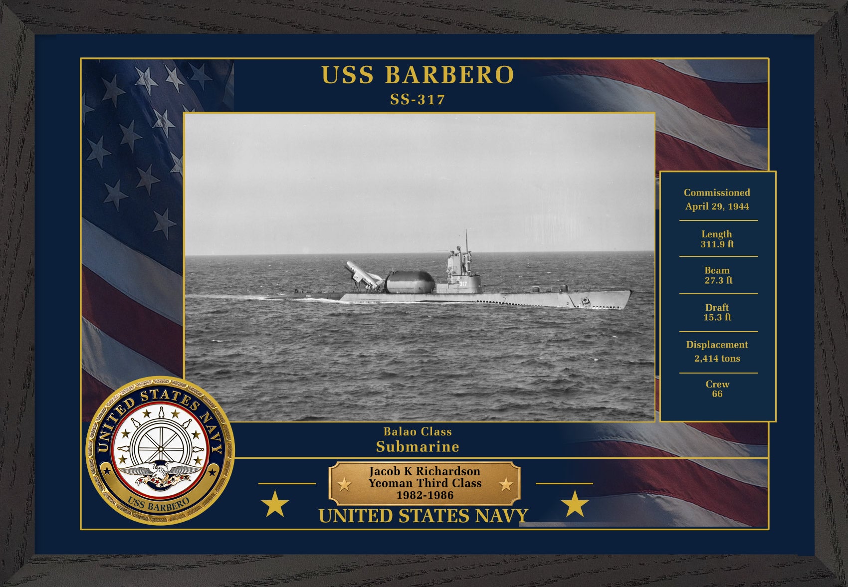 USS Barbero SS-317 Framed Patriotic Photo