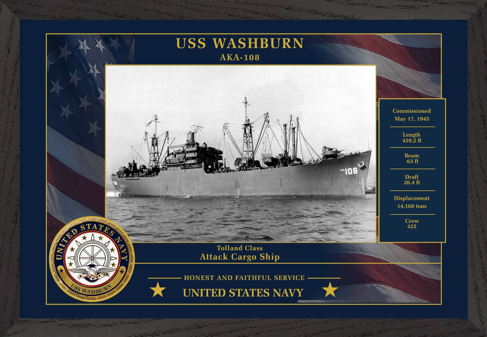 USS Washburn AKA-108 Framed Patriotic Photo