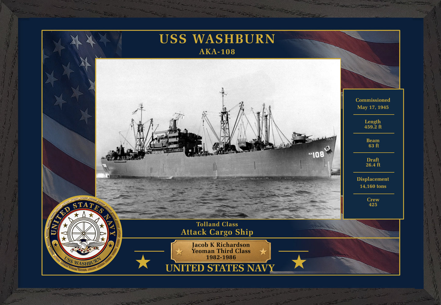 USS Washburn AKA-108 Framed Patriotic Photo