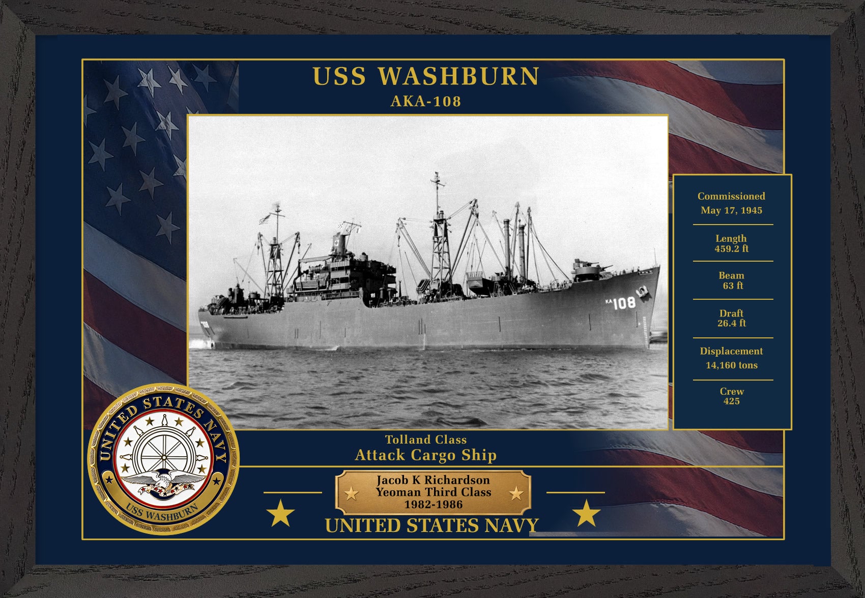 USS Washburn AKA-108 Framed Patriotic Photo