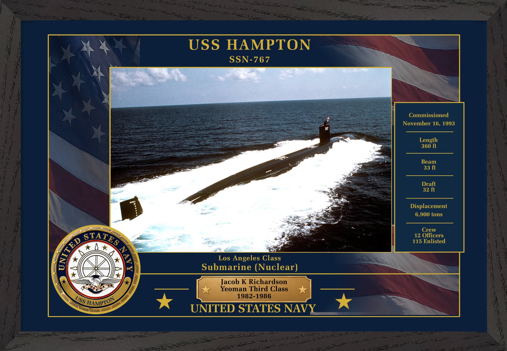 USS Hampton SSN-767 Framed Patriotic Photo