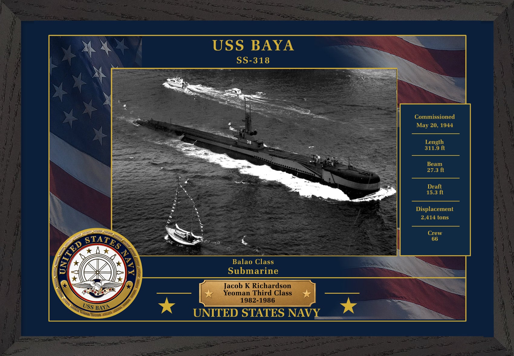 USS Baya SS-318 Framed Patriotic Photo