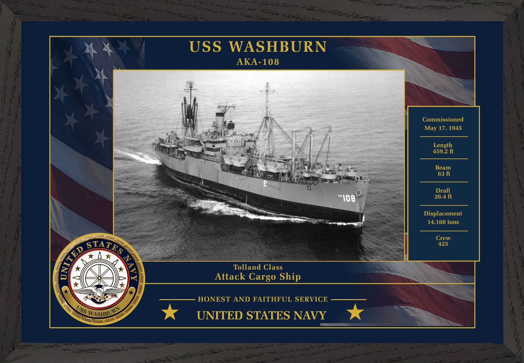 USS Washburn AKA-108 Framed Patriotic Photo
