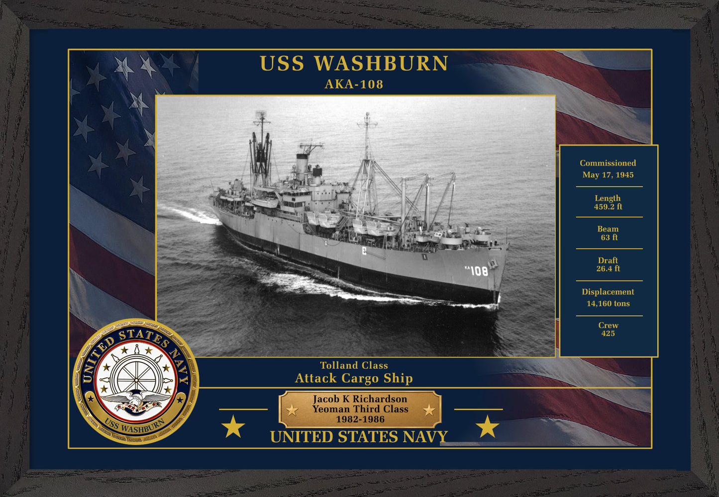 USS Washburn AKA-108 Framed Patriotic Photo