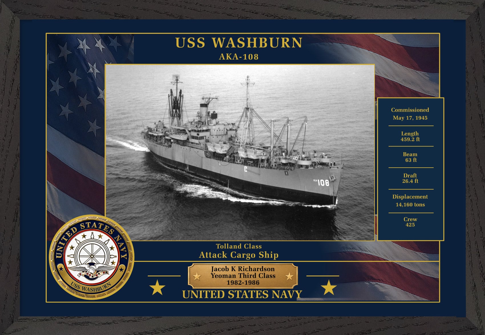 USS Washburn AKA-108 Framed Patriotic Photo