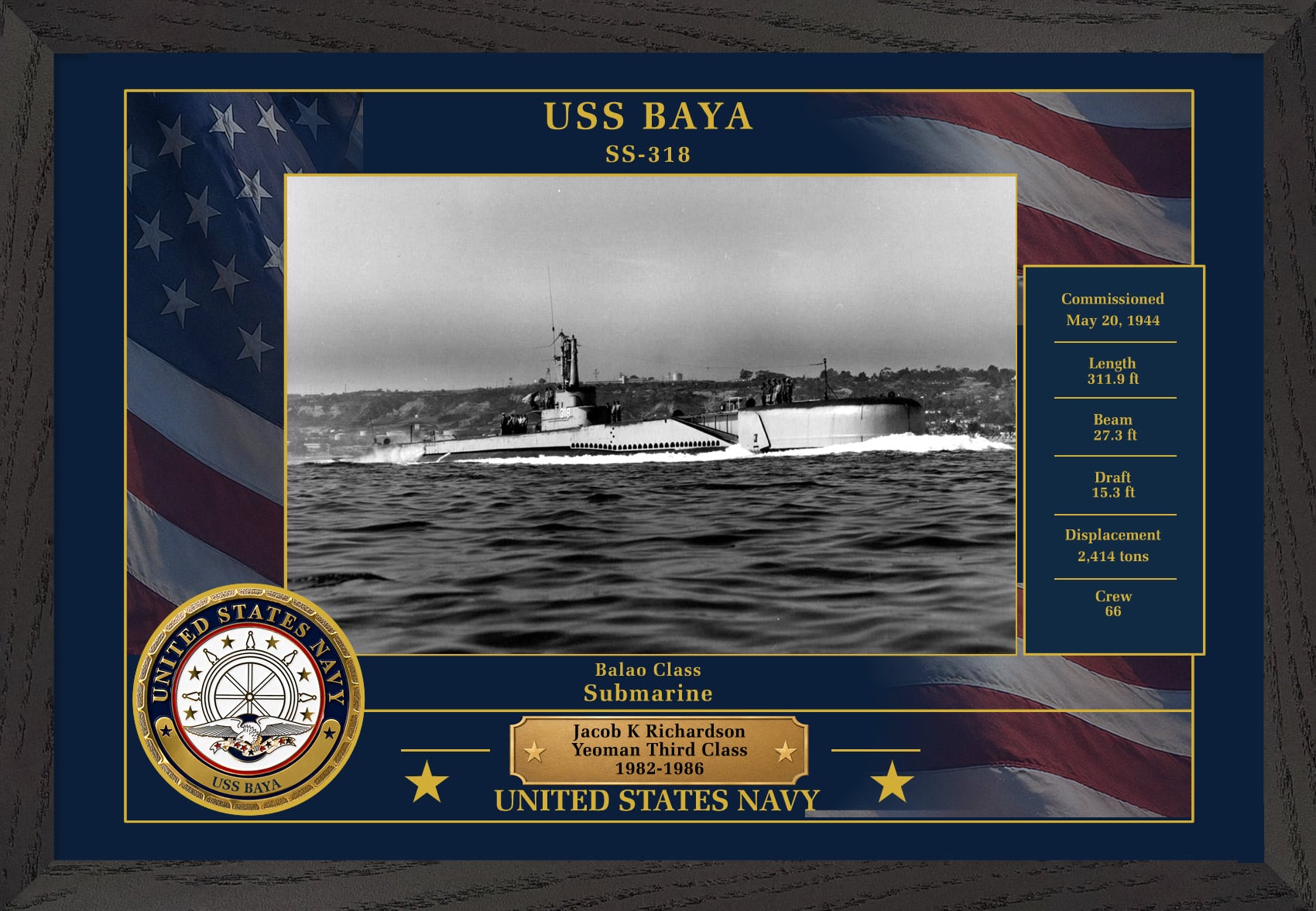 USS Baya SS-318 Framed Patriotic Photo