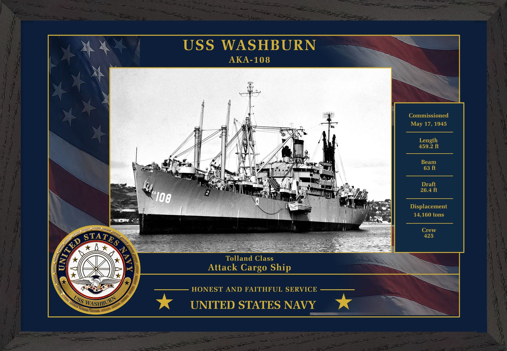 USS Washburn AKA-108 Framed Patriotic Photo