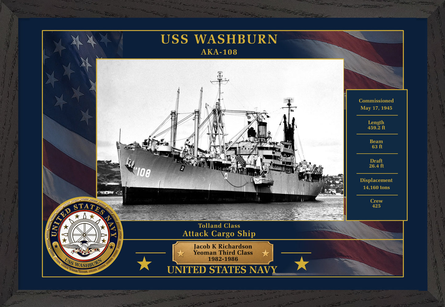 USS Washburn AKA-108 Framed Patriotic Photo