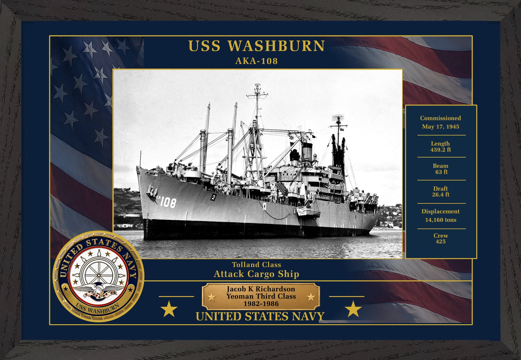 USS Washburn AKA-108 Framed Patriotic Photo