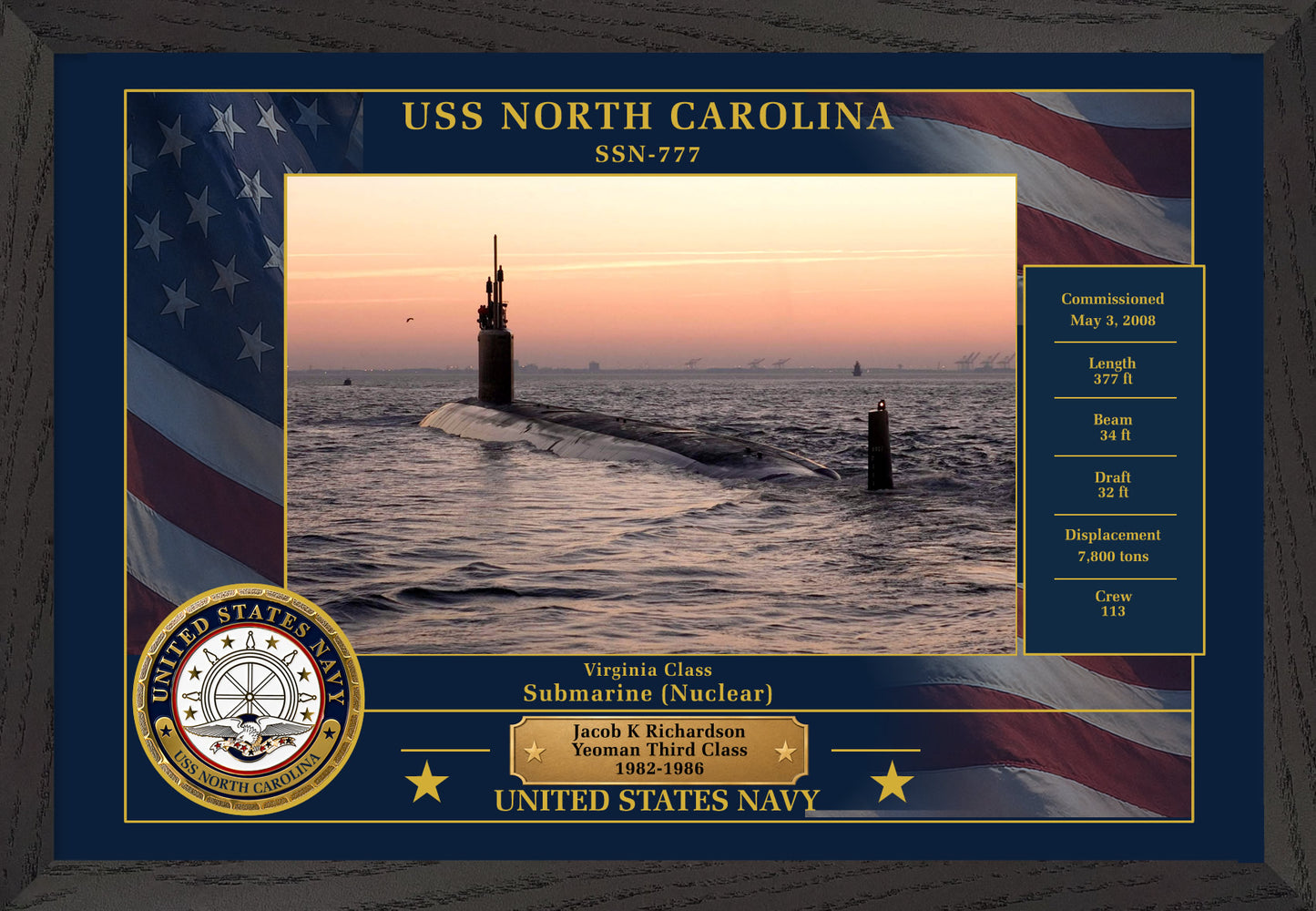 USS North Carolina SSN-777 Framed Patriotic Photo